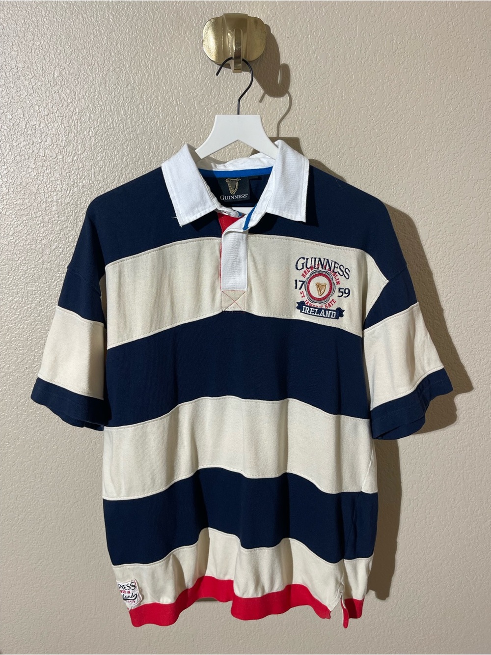 Vintage Guinness Embroidered Rugby Polo Shirt Men Blue White Short Sleeve Size L